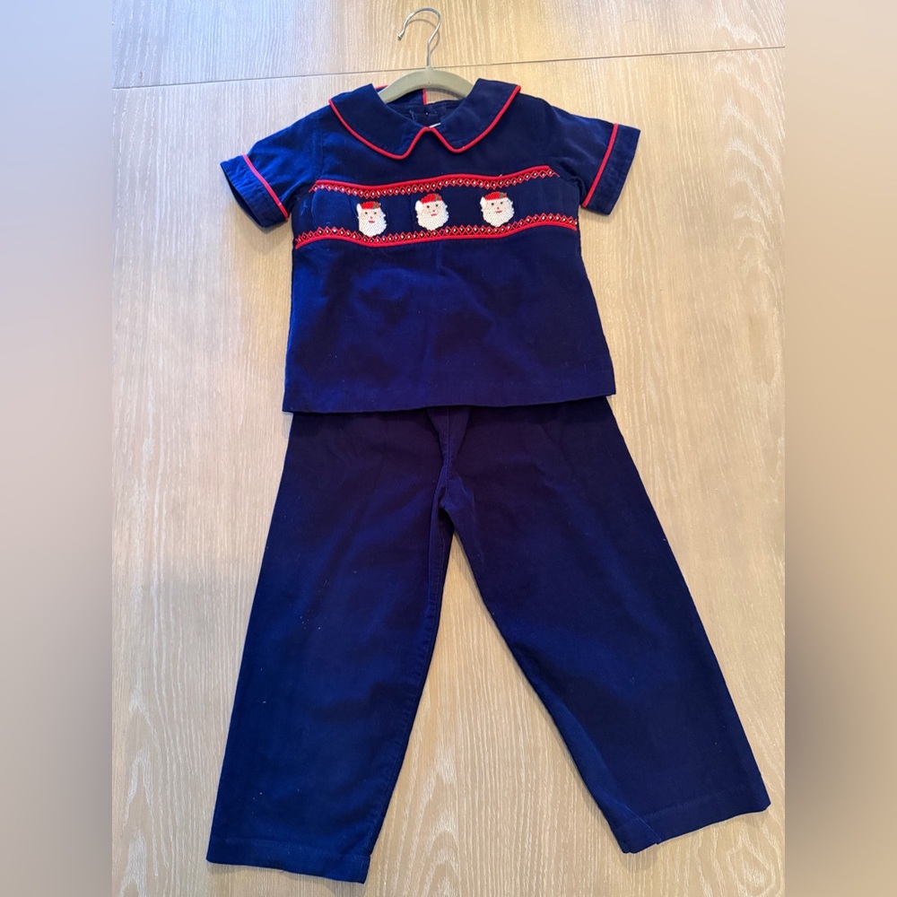Shrimp & Grits boy’s corduroy collared & smocked embroidered santa set, 4T